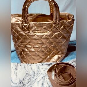 MZ Wallace Antique Gold Quilted Shoulder Handbag with Crossbody Strap Mini